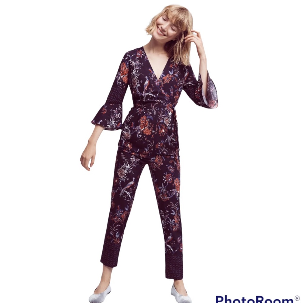 Anthropologie Maeve Espoir Floral Bird Jumpsuit in purple size 4